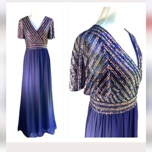 NWT Blue gold Pink Sequin Flutter Sleeve Formal Gown XXL